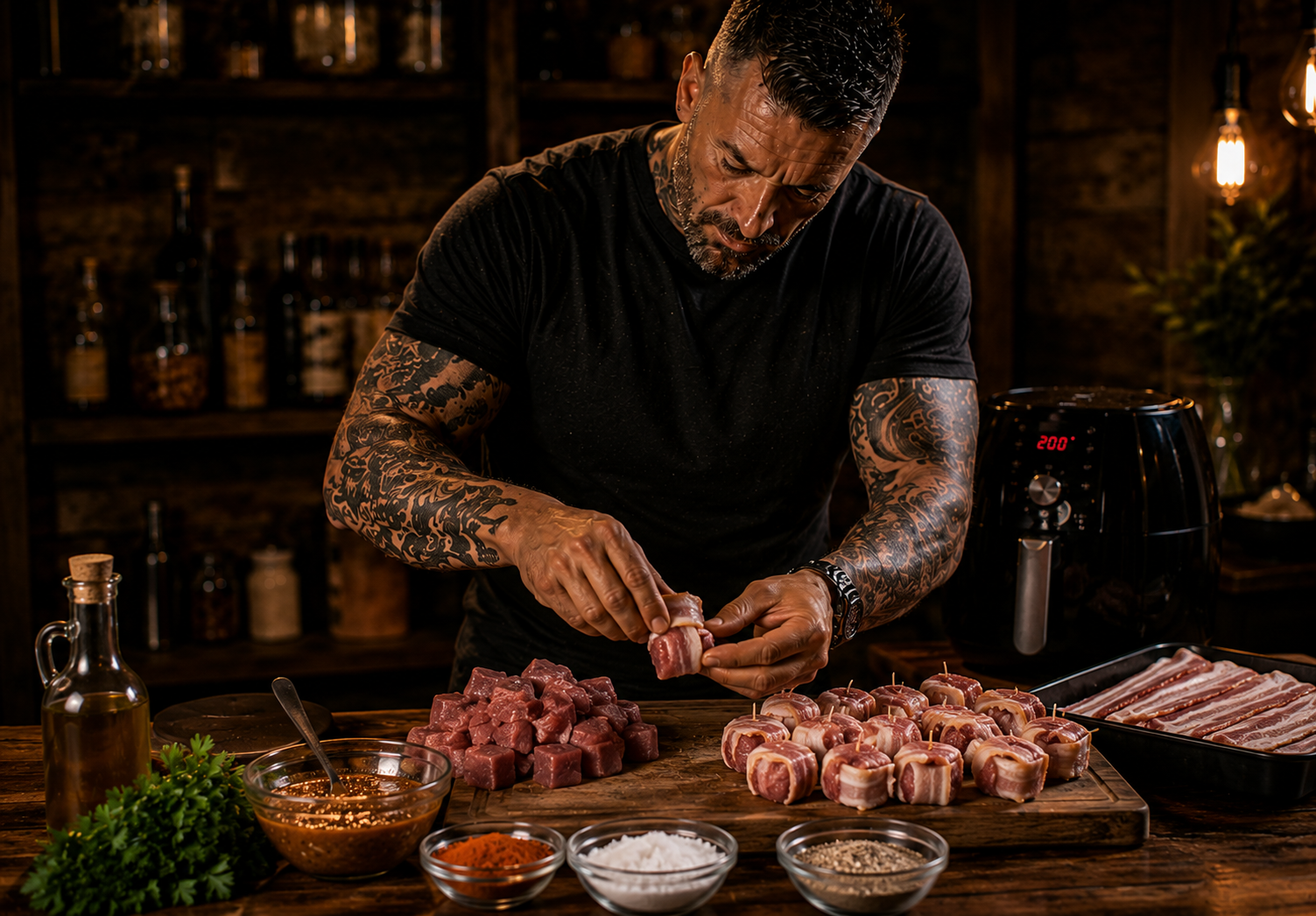 Air-Fryer Crispy Bacon-Wrapped Pork Bites preparation stage